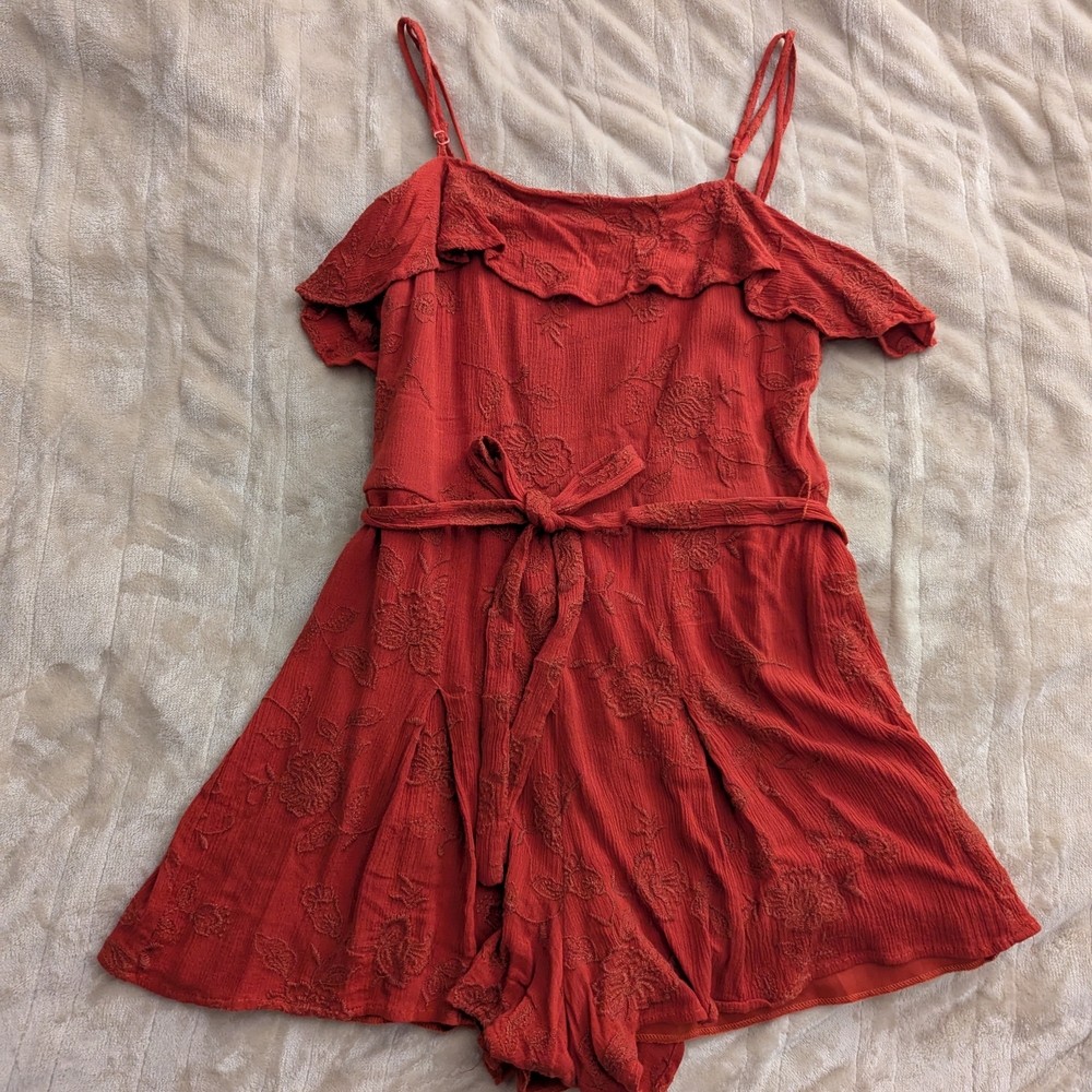 Francesca's Collections Red Floral Embroidered Romper